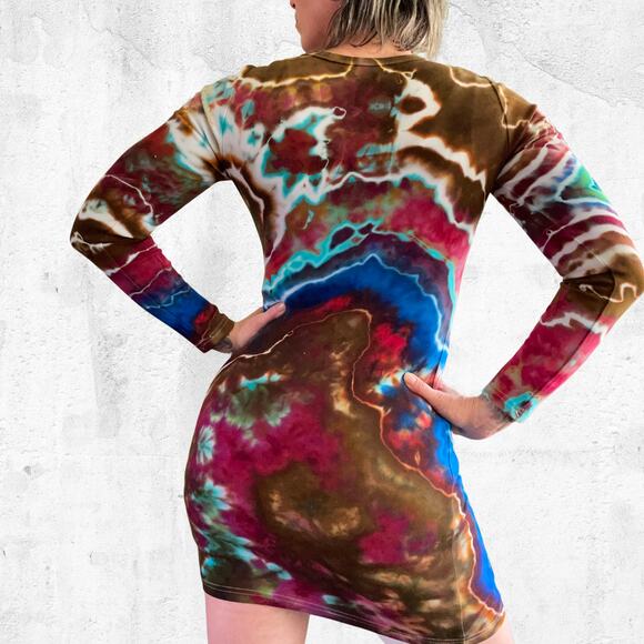 Ice Dyed Bodycon Dress - Long-sleeve Night Out - Rock meets Boho Women's Small - Picture 2 of 12